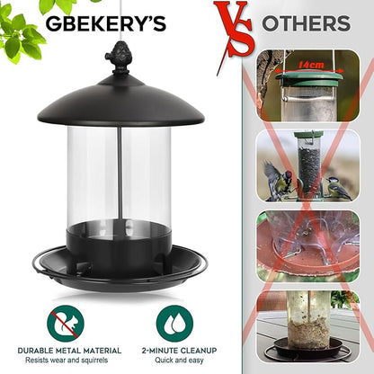 Gbekery Metal Bird Feeders for Outdoors Hanging, Weather Resistant Wild Bird Feeder with 360 Degree Feeding Tray, Black