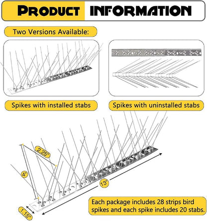 Bird Spikes for Pigeons Small Birds Cat, 30Feet Bird Spikes Stainless Steel Bird Deterrent Spikes 28 Strips