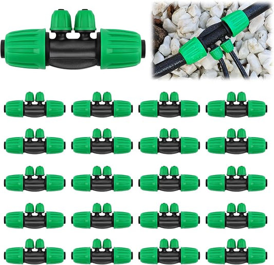 Kalolary 20PCS Locked Barbed Tee Connectors, 1/2" to 1/4" Drip Irrigation Fittings Kit 12/16mm to 4/7mm Tube Lock Female Connector 4-Way Barbed Lock Irrigation Parts for Watering System (Green)