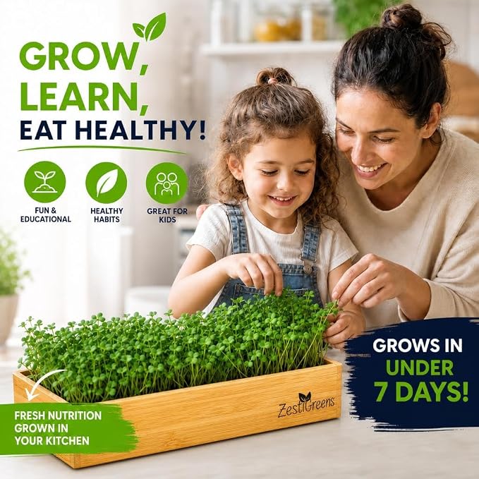 Organic Self-Watering Microgreens Growing Kit – Reusable Indoor Grow Tray with Organic Seeds, Grow Mats & Bamboo Frame – Easy No-Soil Microgreens Starter Kit (Broccoli & Salad Mix)