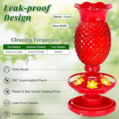 Fchstaer Glass Hummingbird Feeders for Outdoors Hanging 16oz 2 Pack Red Pineapple Bee & Ant Proof 360°Perch Leakproof Easy Clean with 6 Feeding Ports Gifts for Mom