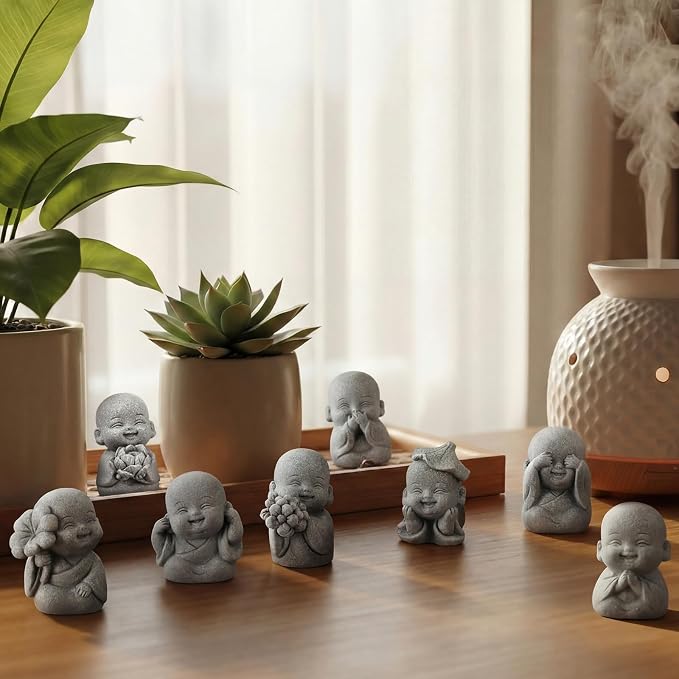 Hoteam 8 Pcs Laughing Buddha Statue Small Zen Monk Praying Sandstone Sculptures for Luck Feng Shui Decor Car Dashboard Home Living Room Office Desk Decor
