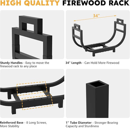 34 Inch Firewood Rack Outdoor Indoor with Handle and Log Carrier Bag, Stable Metal Wood Rack Heavy Duty Log Holder for Fireplace Patio Deck, Rustproof Firewood Storage Organizer Tool, Black