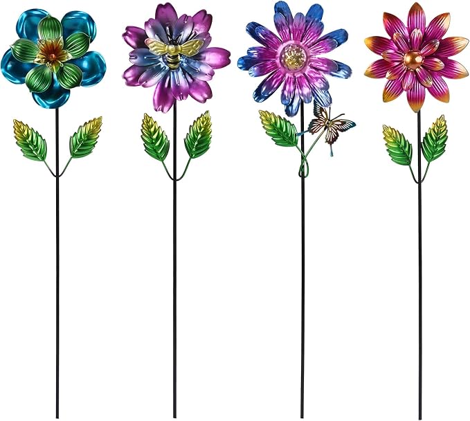 Calenzana Metal Flower Garden Stakes for Outside, 4 Pack Flower Garden Decor with Shaking Head for Yard Porch Lawn Pathway, Multi-Color