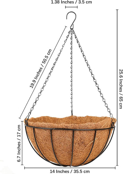 HKZ Hanging Basket Planter Plants Outdoor - 4 Pack 14 Inch Metal Hanging Planter with Coco Liners, Chain Hook Hanging Flower Pots for Indoor Outdoor Garden Porch Decoration