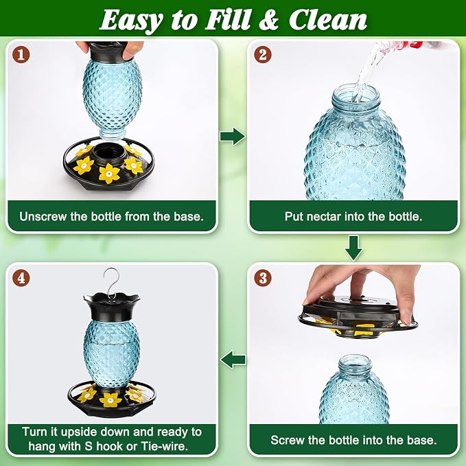 Fchstaer Glass Hummingbird Feeders for Outdoors Hanging 16oz 2 Pack Blue Pineapple Bee & Ant Proof 360°Perch Leakproof Easy Clean with 6 Feeding Ports Gifts for Mom