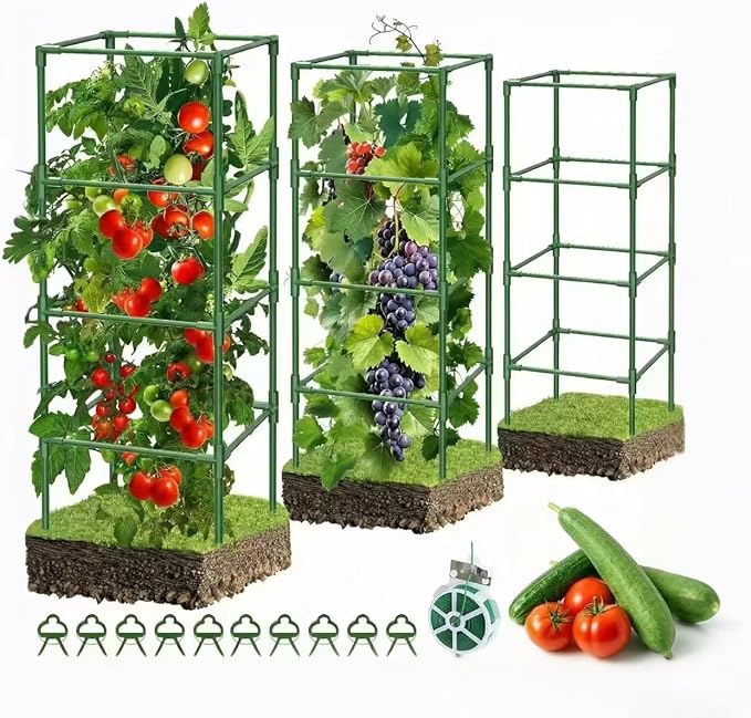 3 Pack Tomato Cages, 42 Inch Square Tomato Cage for Raised Garden Bed, Rust-Proof Sturdy Tall Tomato Trellis Supports for Climbing Plants Outdoor with Clips Wire
