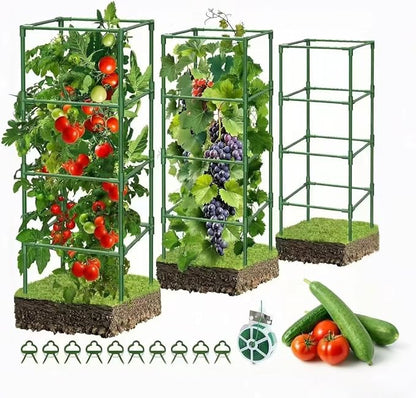 3 Pack Tomato Cages, 42 Inch Square Tomato Cage for Raised Garden Bed, Rust-Proof Sturdy Tall Tomato Trellis Supports for Climbing Plants Outdoor with Clips Wire