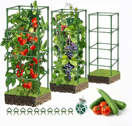 3 Pack Tomato Cages, 42 Inch Square Tomato Cage for Raised Garden Bed, Rust-Proof Sturdy Tall Tomato Trellis Supports for Climbing Plants Outdoor with Clips Wire