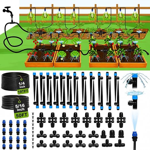 Bonviee 247FT Drip Irrigation System, 50FT 5/16" Mainline, Quick Connect | 50FT 5/16" and 197FT 1/4" Tubing. Garden watering System for Raised Beds, Greenhouses. 70% Water Savings. GRS Certified.