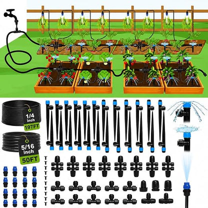 Bonviee 247FT Drip Irrigation System, 50FT 5/16" Mainline, Quick Connect | 50FT 5/16" and 197FT 1/4" Tubing. Garden watering System for Raised Beds, Greenhouses. 70% Water Savings. GRS Certified.