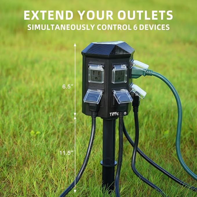 TiFFCOFiO Outdoor Power Strip Waterproof, 24 Hour Mechanical Timer, 6 ft Extension Cord, 6 Grounded Outlets for Outdoor Lights, ETL Listed (25 FT)