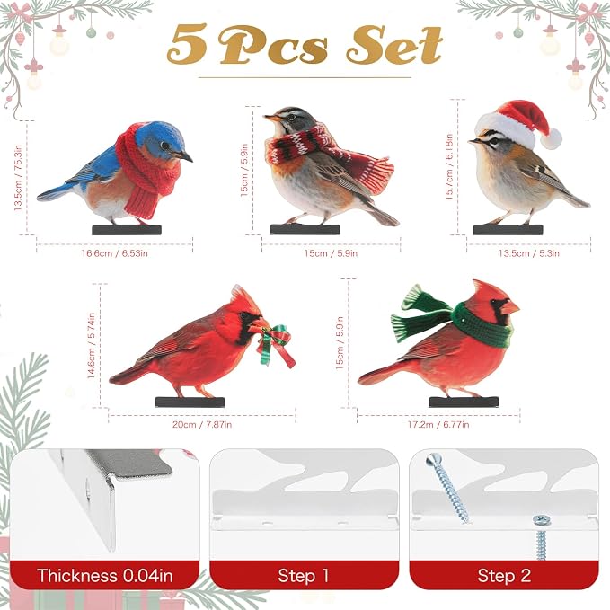 HUYIENO 5PCS Vibrant Metal Bird Decorations Christmas Fence Decor Colorful Garden Birds for Fences, Patio & Outdoor Decor for Christmas Ornament