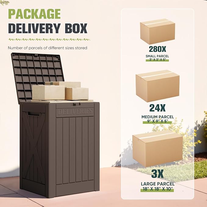 Greesum 48 Gallon Outdoor Package Delivery Box with Lock, Waterproof Secure Parcel Drop Box for Porch, Double-Wall Resin Storage, Brown