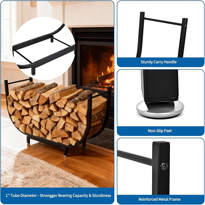 Firewood Rack Outdoor w Thicken Cover, 35 Inch Indoor Firewood Rack - Stable Curved Firewood Storage Heavy Duty & Rustproof Metal Firewood Holder w Hook for X-mas Decorations or Tools Nearby Fireplace