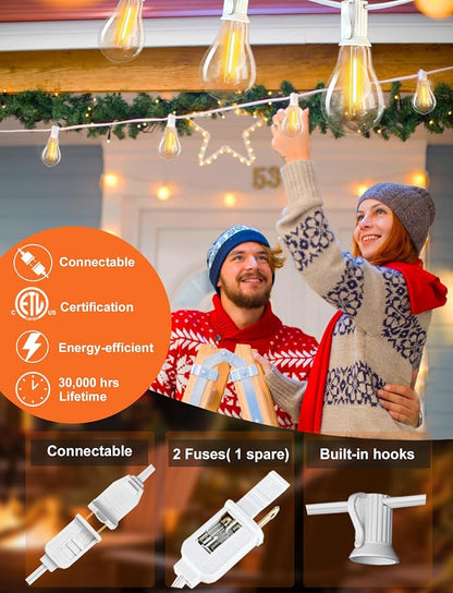 DAMAING Outdoor String Lights 75FT Waterproof Patio Lights with 38 Shatterproof Dimmable Edison LED Bulbs,Connectable Outdoor Lighting for Backyard,Garden and Wedding Outside, 2200K White Cord