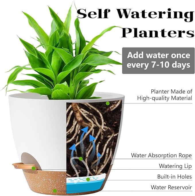 Self Watering Plant Pots with Drainage & Saucers, 5-Pack 7/6.5/6/5.5/5 in - Plastic Flower Pots for Indoor Plants, Succulents & Herbs, Planters for Indoor Outdoor & Balcony (White)