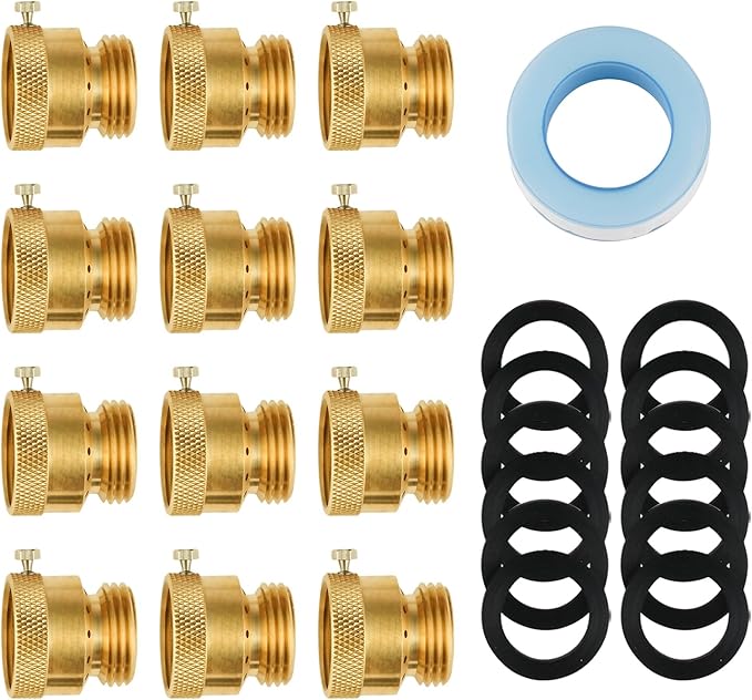 SUNGATOR 12-Pack Anti Siphon Valve, 3/4 Inch GHT Backflow Preventer Hose Bib, Vacuum Breakers Set for Outdoor Faucet, Garden Spigot, RV, Solid Brass Anti-Backflow Valve with Sealing Tape