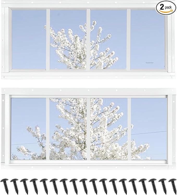 Shed Windows 2 Pack, Fixed Transom Windows 10" x 23" White | Small Chicken Coop Windows with Tempered Glass for Shed, Barns, Playhouse, Household, Garage