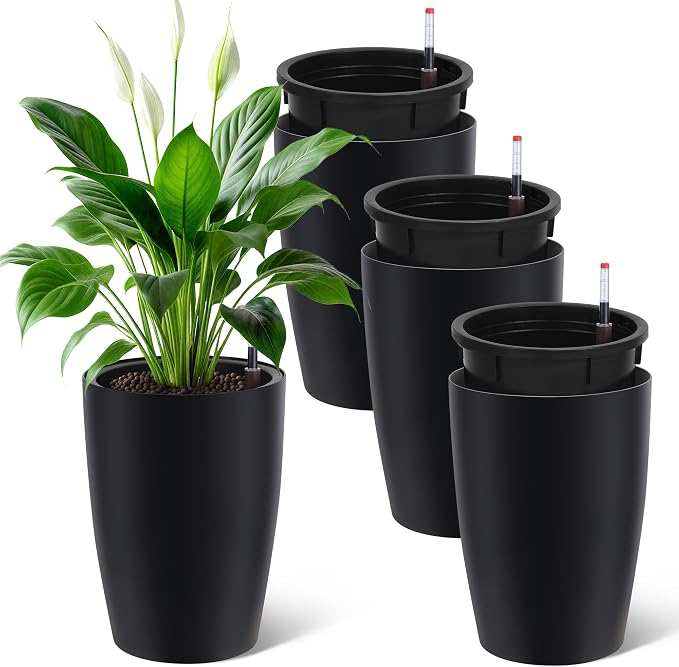 Garvee Tall Planters for Outdoor Plants, 16 in Large Planters Set of 4, Outdoor & Indoor Planters with Water Level Monitor ＆ Inner Bucket, Automatic Watering, for Porch, Patio, Backyard, Black