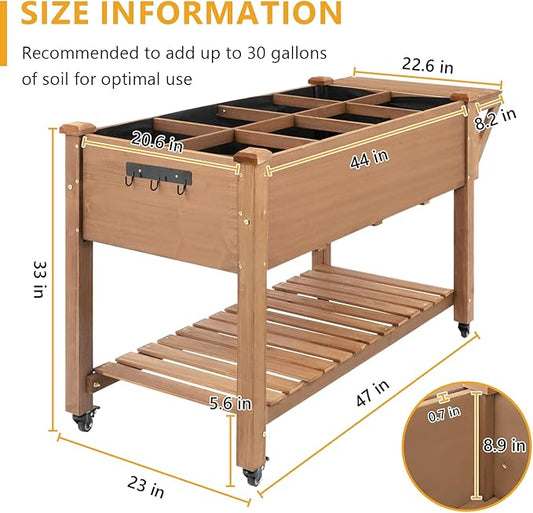 ketive Raised Garden Bed with Lockable Wheels Mobile Elevated Wood Planter,Storage Shelf, Protective Liner,55.5x24x32in (Brown)