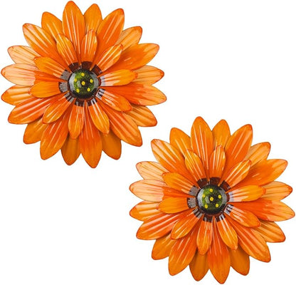 Outdoor Metal Wall Art Decor, 2 Pack 8 Inch Sunflower Wall Decorations, Hanging Outdoor Wall Decor, Handmade Metal Flowers for Outdoor Outside Indoor Decor,Orange