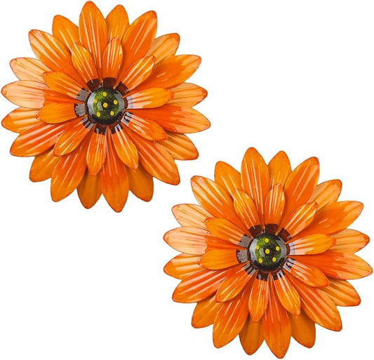 Outdoor Metal Wall Art Decor, 2 Pack 8 Inch Sunflower Wall Decorations, Hanging Outdoor Wall Decor, Handmade Metal Flowers for Outdoor Outside Indoor Decor,Orange