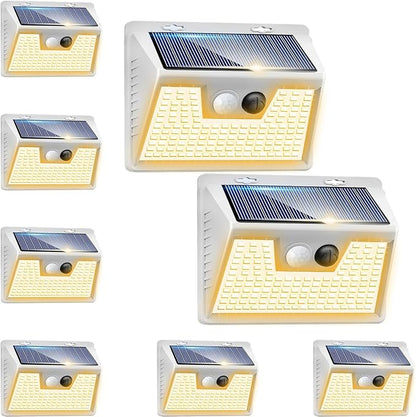 Peasur Solar Lights Outdoor Motion Sensor Waterproof, 8Pack 140LED White Solar Powered Fence Lights, 3 Modes Security Wall Lights for Garden Yard Outside Warm