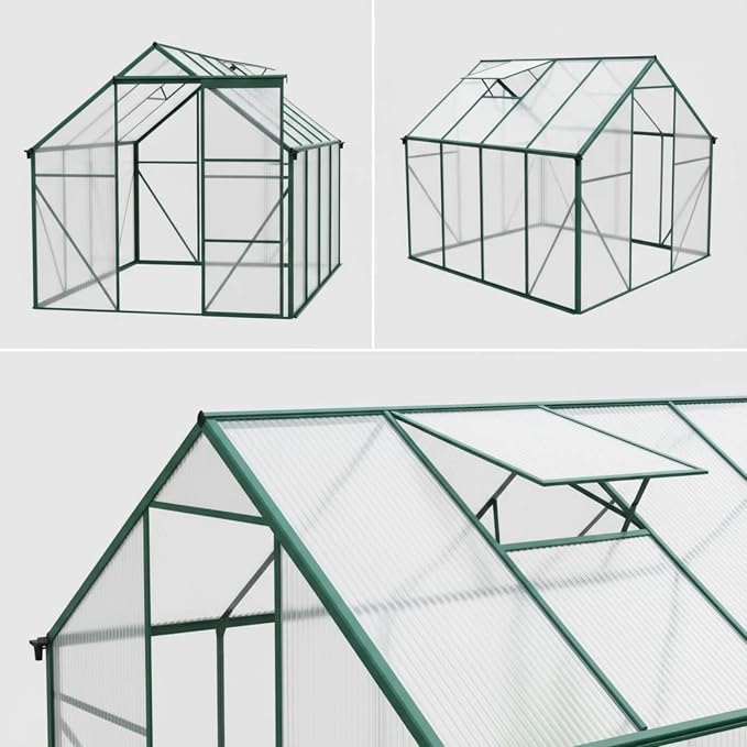 6x8 FT Greenhouse, Walk-in Polycarbonate Greenhouses with Sliding Doors, Aluminum Frame, Adjustable Roof Vent, Raised Base & Anchor, Outdoor Backyard Greenhouse for All Seasons, Green