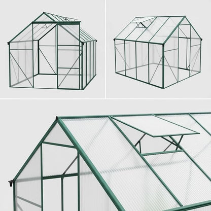 6x8 FT Greenhouse, Walk-in Polycarbonate Greenhouses with Sliding Doors, Aluminum Frame, Adjustable Roof Vent, Raised Base & Anchor, Outdoor Backyard Greenhouse for All Seasons, Green