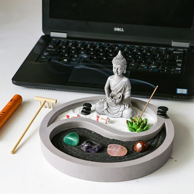 BangBangDa Mini Zen Garden Kit for-Desk - Yin Yang Crystal Sand Rock Garden with Zen Rake Buddha Statue Healing Stones White Sand, Japanese Meditation Gift Set for Home Office Desktop Fidget Toys