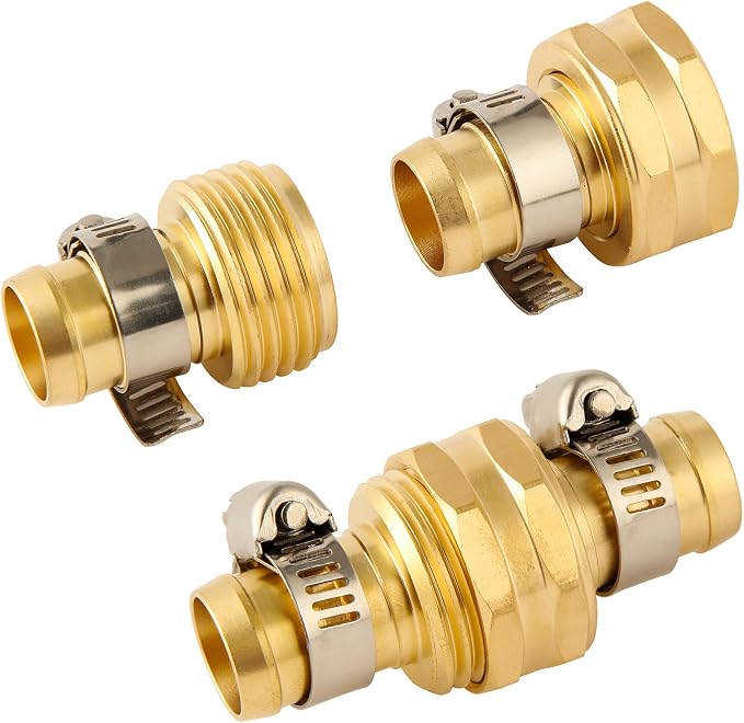 4 Set Brass Garden Hose Repair Connector Kit with Clamps, Fit for 5/8" Garden Hose Fitting,5/8'' Barb x 3/4'' GHT Garden Hose Adapter/Fittings, Water Hose Repair Kit