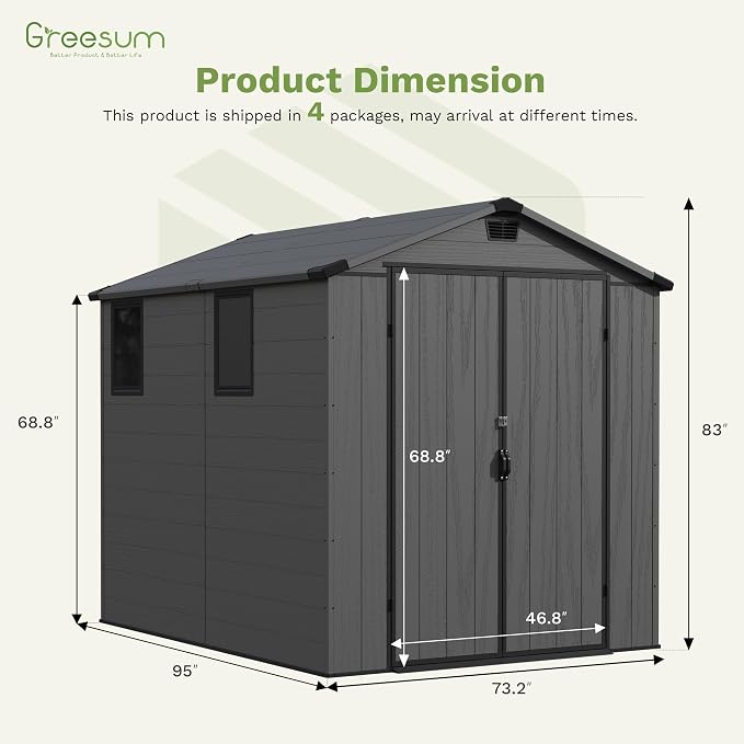 Greesum 6x8FT Plastic Outdoor Storage Shed with Floor, Resin Sheds with Lockable Double Door, Tool Sheds with Window and Vents, for Garden, Yard, Patio, Dark Gray