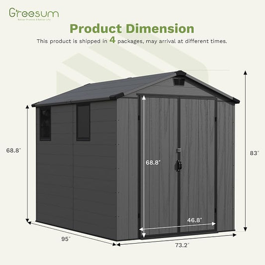 Greesum 6x8FT Plastic Outdoor Storage Shed with Floor, Resin Sheds with Lockable Double Door, Tool Sheds with Window and Vents, for Garden, Yard, Patio, Dark Gray