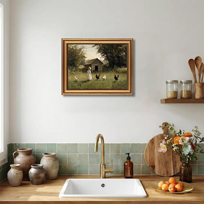 Devunaty Gold Framed Country Canvas Wall Art, Vintage Farm Girl with Chickens Poster Print, Rustic Landscape Painting Picture, Pastoral Farmhouse Artwork Wall Decor for Bedroom Nursery Bathroom 9x11in