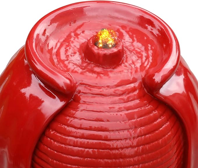 Teamson Home Glazed Vase Floor Freestanding Water Fountain with LED Lights and Pump for Outdoor Patio Backyard Deck Plant Garden Décor, 32 Inch Height, Red | Freestanding Floor Feature, Built-In LED Light, Glossy Red, Outdoor Décor