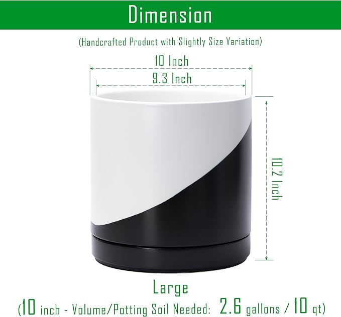 D'vine Dev 10 Inch Ceramic Planter Pot with Drainage Hole and Saucer, Indoor Cylinder Round Planter Pot, Oblique Monochrome Black and White, 94-O-E-K