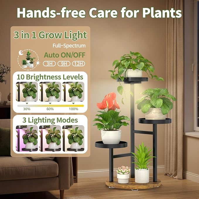 LASZOLA Plant Stand Indoor Corner with Grow Light, Heavy Duty 3 Tier Wooden Flower Holder Rack for Mutiple Plants, Planter Display Shelf for Patio Garden Balcony Living Room, Black
