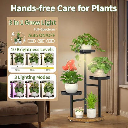 LASZOLA Plant Stand Indoor Corner with Grow Light, Heavy Duty 3 Tier Wooden Flower Holder Rack for Mutiple Plants, Planter Display Shelf for Patio Garden Balcony Living Room, Black
