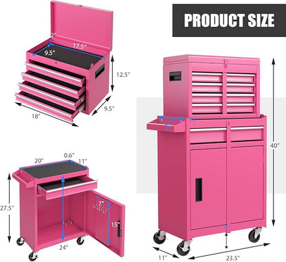 Goplus Pink Tool Chest, 5 Drawers Rolling Tool Cabinet w/Detachable Top Toolbox, Universal Lockable Wheels,Lock Bar,Protective Liner,Tool Rack, Metal Tool Storage Cart, Tool Box for Garage Workshop