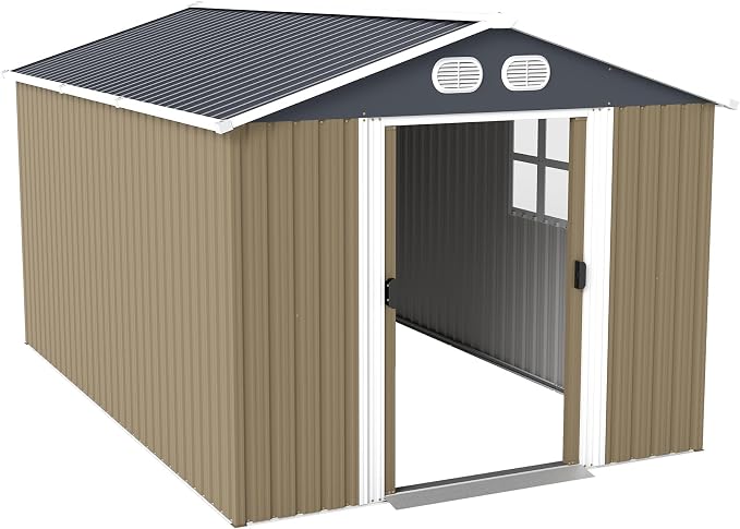 YOPTO 8x12 FT Outdoor Storage Shed, Metal Garden Shed with Window, Lockable Door & Sloped Roof, Large Waterproof Utility Tool Shed for Backyard, Garden, Patio, Lawn, Brown