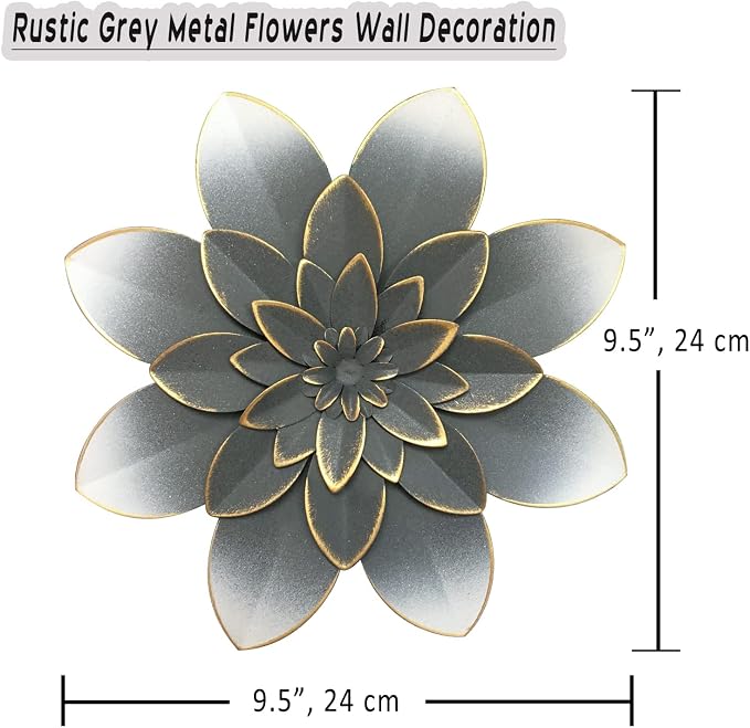 Metal Flower Wall Art Decor, 9.5" Grey Gold Rustic Modern Floral Sculpture | Distressed Iron Wall Hanging Home Decoration Accent for Indoor Kitchen Bedroom Living Room Office Outdoor Garden Patio