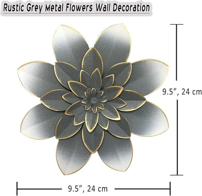 Metal Flower Wall Art Decor, 9.5" Grey Gold Rustic Modern Floral Sculpture | Distressed Iron Wall Hanging Home Decoration Accent for Indoor Kitchen Bedroom Living Room Office Outdoor Garden Patio
