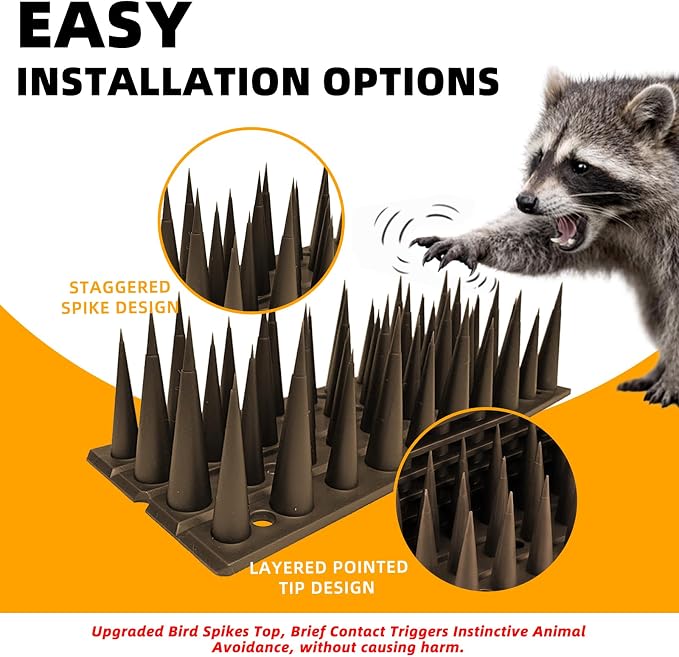 Bird Spikes, 30 Pack, 41.9 FT Total Coverage, Outdoor Bird Deterrent for Pigeons and Small Birds, Helps Keep Cats and Squirrels Away, Plastic Spikes for Fences, Railings and Roofs, Brown