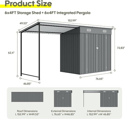 KEIKI 12x4 FT Metal Garden Shed with Pergola, 6x4 FT Outdoor Storage Shed & Backyard Gazebo Combo, 2-in-1 Patio Tool Shed with Open Side, Heavy-Duty Steel Frame, All-Weather, Easy Assembly, Gray