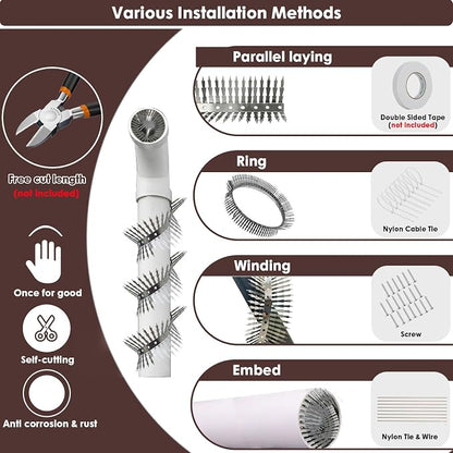 Bird spikes deterrent for outside Stainless Steel 360°Bend 100cm with Accessories, Anti Climb Spikes to Keep Birds- Pigeon-Racoon-Squirrel-Cat Away from porch baffle feeder yard patio garden Fence