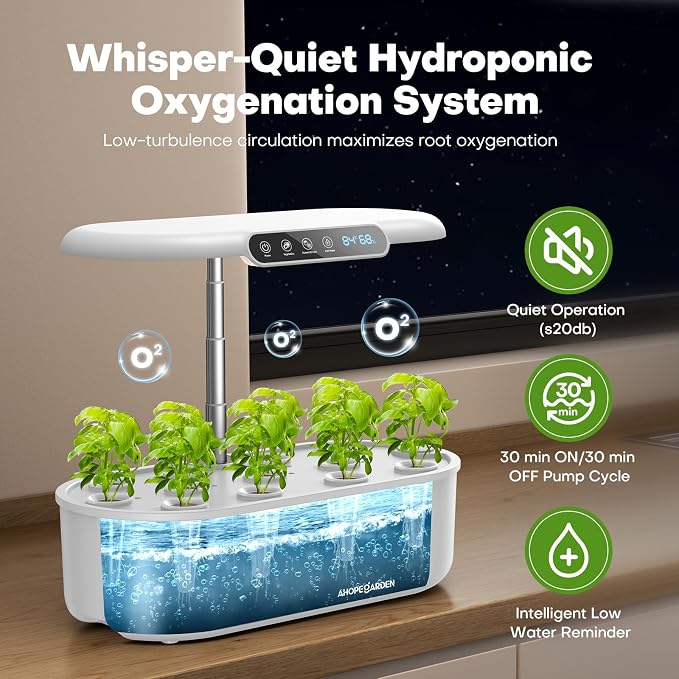 Ahopegarden Hydroponics Growing System with 12 Pods, Indoor Garden Kit with LED Grow Light & LCD Temp Humidity Display, Smart Quiet Pump Planter for Herbs, Lettuce, Vegetables, Kitchen Garden Use