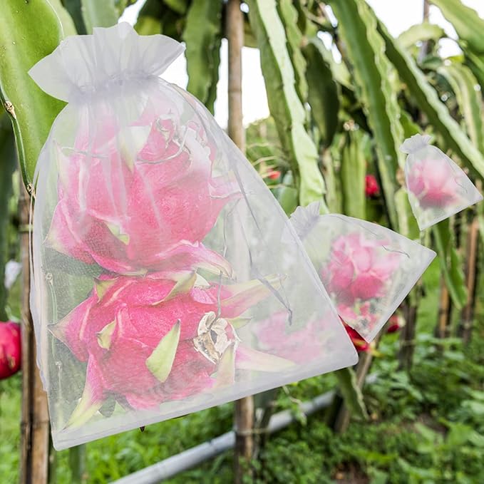 50 Pcs Fruit Protection Bags, 6x9 White Fruit Netting Bags for Fruit Trees Fruit Cover Mesh Bag with Drawstring, Netting Barrier Bags for Grapes Mango Fruit Trees Veggies Garden