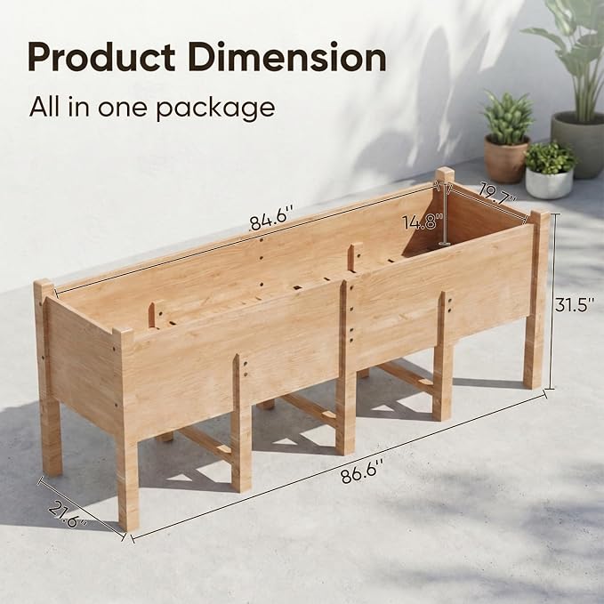 Raised Garden Bed, 86x21.6x31.5 Inch Large Planter Box with 15.8 Inch Depth, Wooden Flower & Vegetable Pot with Legs & Drainage Holes for Deep Roots, Easy Assembly for Patio, Balcony, Backyard