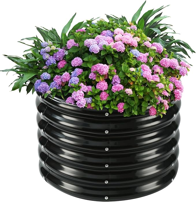 YSEJOMP 17" Tall 24" Diameter Round Raised Garden Bed Kits Outdoor Black | 1.5 FT Tall,2FT Planter Bed for Flowers,Herbs,Vegetables,Trees,0.8MM Thick Galvanized Metal Painted,with Gloves,Tool free